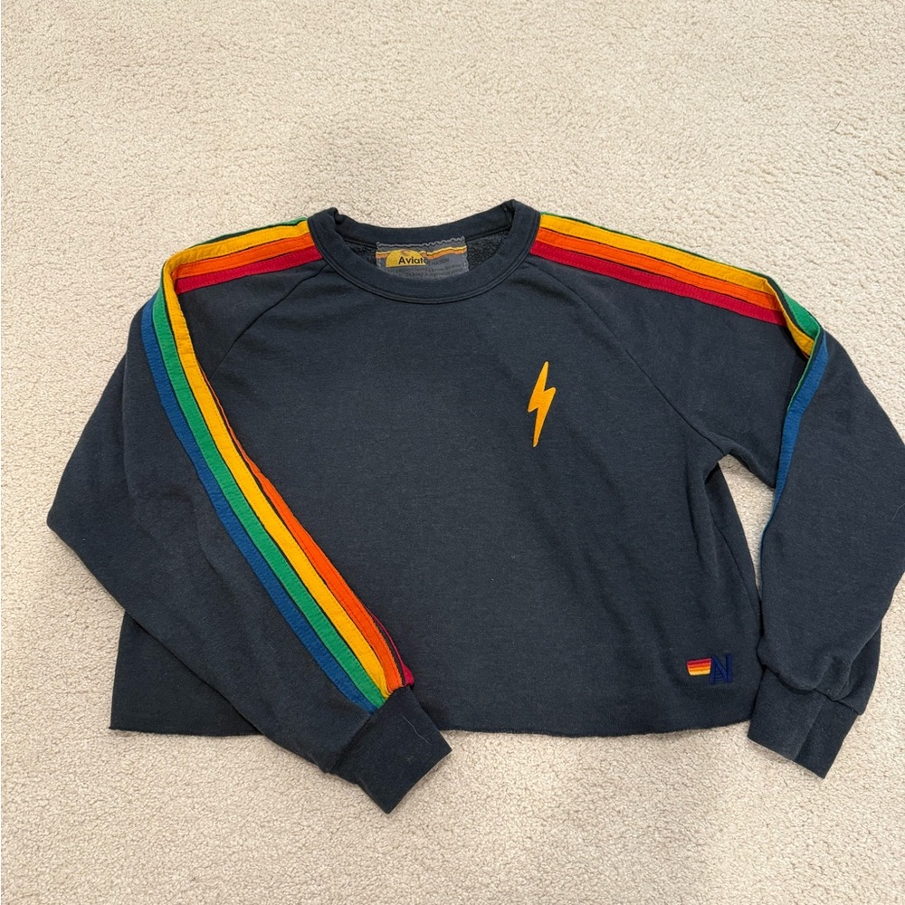 Aviator Nation Charcoal Sweatshirt with Rainbow Stripes